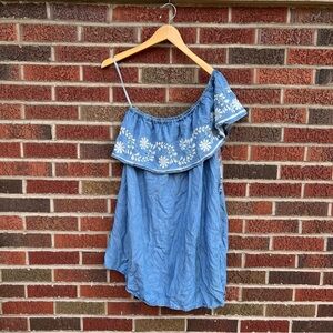 Rebecca Minkoff Chambray Denim White Asymmetrical Off the Shoulder Shift Dress